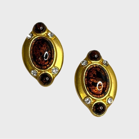 Vintage Amber Metal Flakes Rhinestone Clip On Gold Tone Statement Earrings - Picture 1 of 11